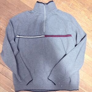 Tommy Hilfiger Gray Zip-Up Sweater with Red and White Stripe vintage